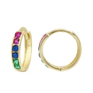 10K Gold Tiny Hoop Earrings, Multi-Color Rainbow CZ Gemstone, 11mm Everyday Wear